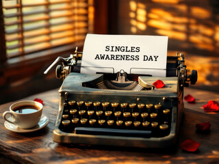 Singles awareness day concept with vintage typewriter and rose petals
