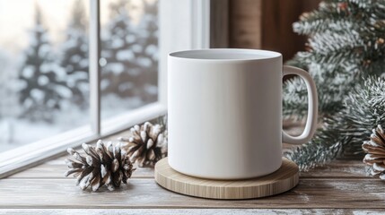 White mug on wooden coaster near window with winter scene.