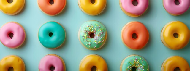 Bright Colorful Donuts on Light Blue Background
