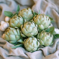 Obraz premium Tabletop display of artichokes and fresh garlic arranged neatly