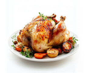 Succulent roasted chicken served with golden potatoes and herbs on a white plate