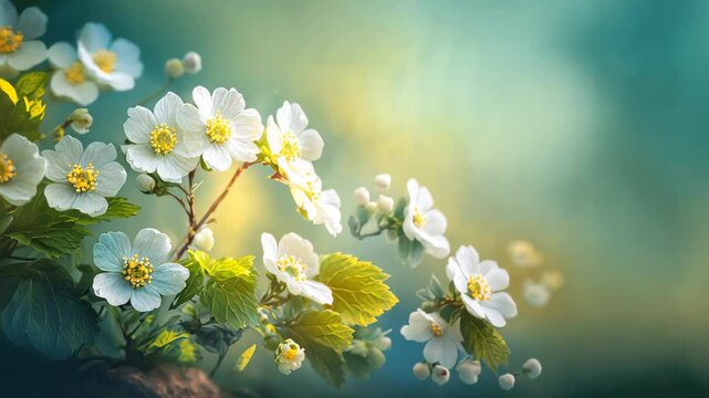 Spring forest white flowers primroses with Blurred blue sky .Floral nature background