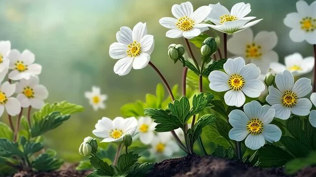 Spring forest white flowers primroses with Blurred blue sky .Floral nature background