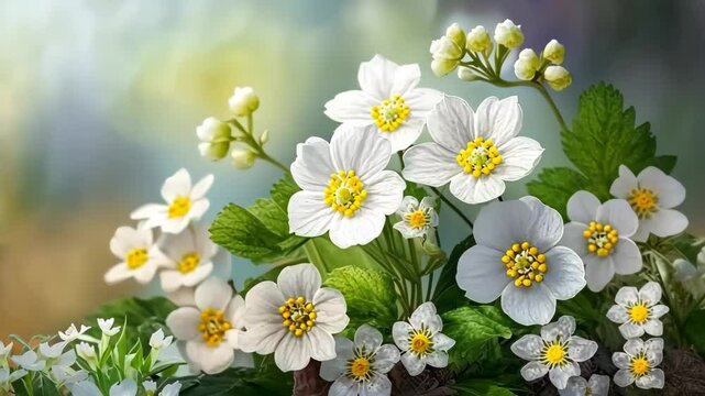 Spring forest white flowers primroses with Blurred blue sky .Floral nature background