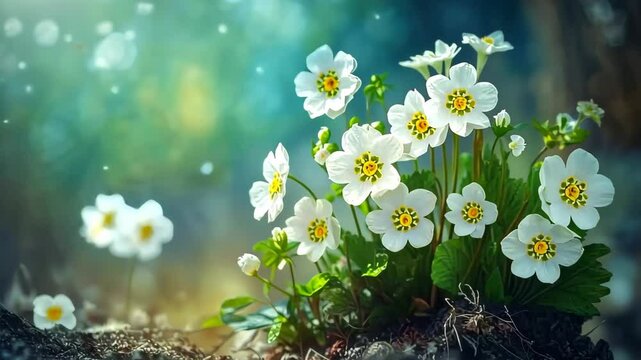 Spring forest white flowers primroses with Blurred blue sky .Floral nature background