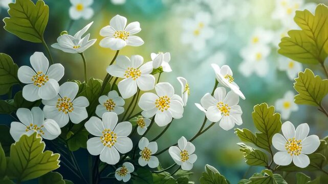 Spring forest white flowers primroses with Blurred blue sky .Floral nature background