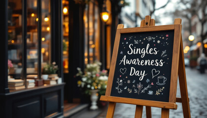Chalkboard sign celebrating singles awareness day on charming street