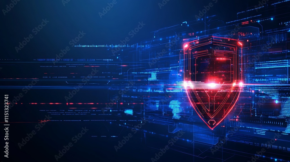Poster dynamic cybersecurity shield with digital data streams, protecting information in a modern tech land