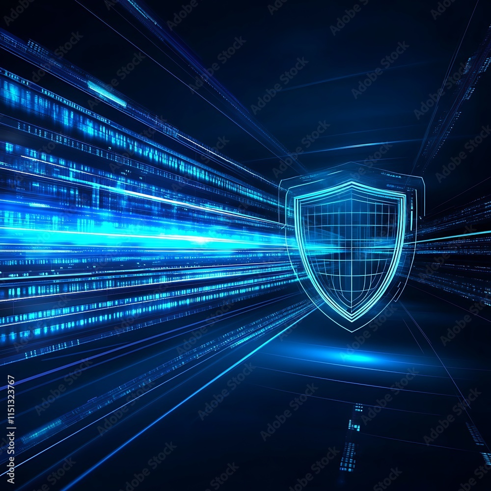 Poster dynamic digital background with shield symbol representing cyber security and data protection concep