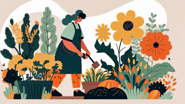 Agriculture gardener hobby and garden job. Woman planting gardens flowers, gardener flowers. Flat vector illustration.