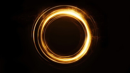 Abstract Golden circle round ring frame Portal with glowing golden lines and glitter particles isolated on black background with golden sparkles, VFX