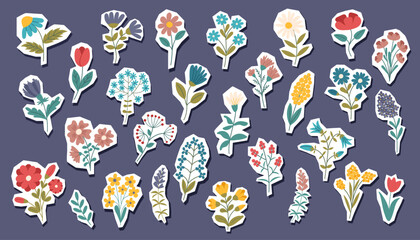 Flowers stickers set isolated on purple background. Hand drawn botanical collection of flowers. Nature, spring, summer, Ester concept.