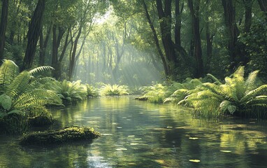 Fresh green ferns growing next to a clear, flowing stream in a lush forest, with vibrant green leaves reflecting in the water and soft sunlight filtering through the trees