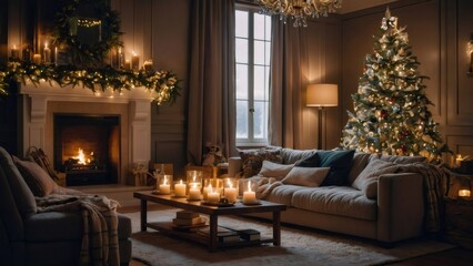 Warm and inviting christmas living room with a decorated tree, burning fireplace, and lit candles creating a festive atmosphere