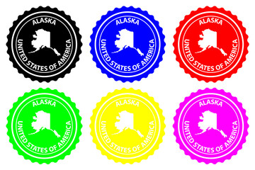 Alaska - rubber stamp - vector, Alaska (United States of America) map pattern - sticker - black, blue, green, yellow, purple and red 