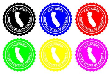 California - rubber stamp - vector, California (United States of America) map pattern - sticker - black, blue, green, yellow, purple and red