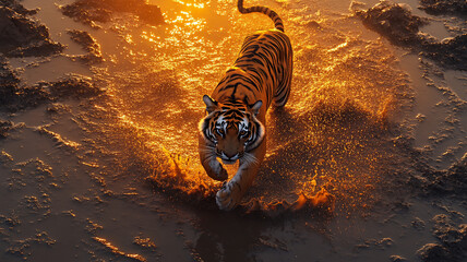 running tiger during sunset in a mudpool with a birds eye view 