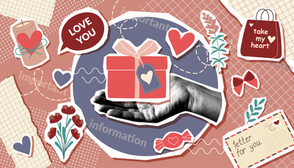 Valentines day collage banner with human hand photo and Valentine objects in pop art style. Valentines trendy background.