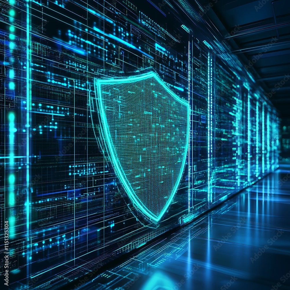 Poster futuristic cybersecurity concept with digital shield and data streams in high-tech environment