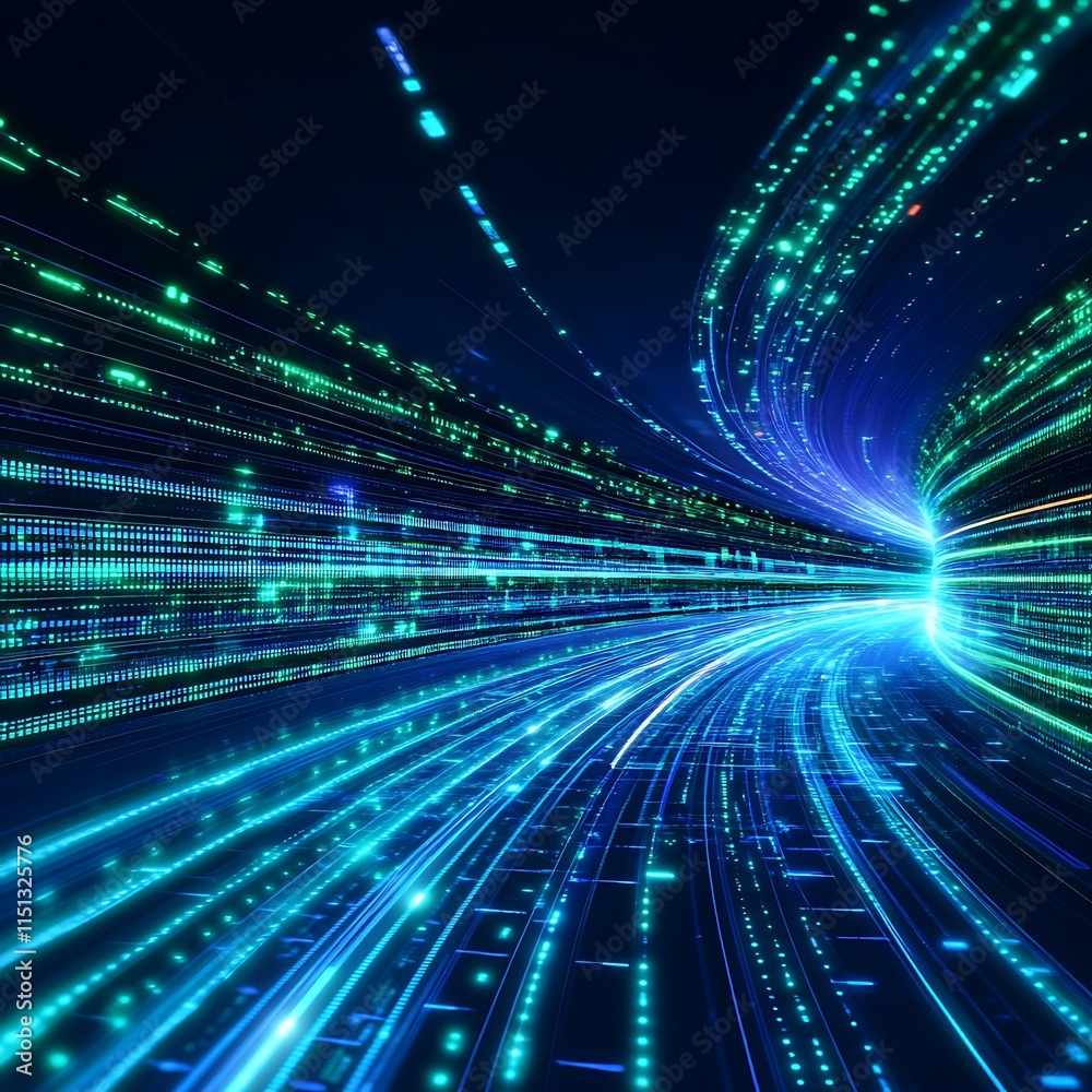 Poster futuristic data stream abstract design with neon lights and dynamic motion effects in modern technol