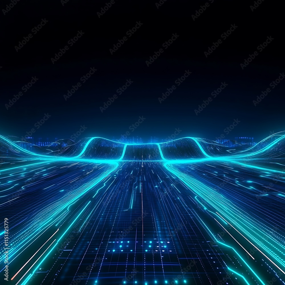 Poster futuristic data stream visualization in neon colors with glowing lines and abstract background