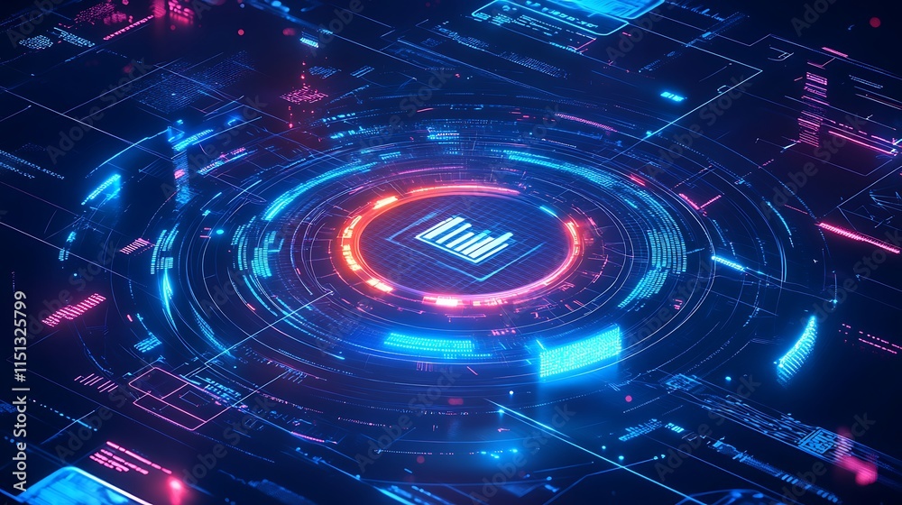 Poster futuristic data visualization interface with neon elements and circular graphic patterns displaying 