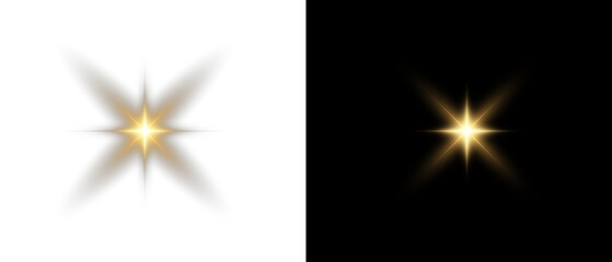 Png gold star light, sparkle. Yellow light effect. Shining light with yellow gold color. Png spotlight spark.Vector transparent sunlight special lens flare light effect.	
