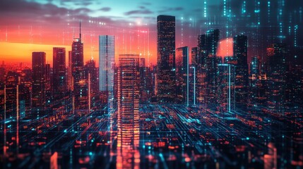 Obraz premium Futuristic city skyline with sleek buildings and vibrant lights, showcasing advanced technology and innovation in urban design.