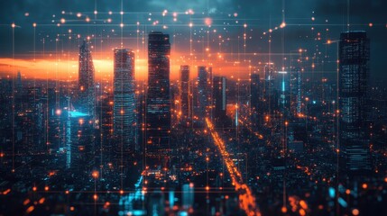 Fototapeta premium Futuristic city skyline with sleek buildings and vibrant lights, showcasing advanced technology and innovation in urban design.