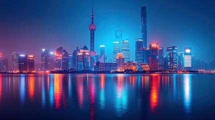 Futuristic city skyline with sleek buildings and vibrant lights, showcasing advanced technology and innovation in urban design.