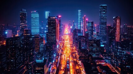 Obraz premium Futuristic city skyline with sleek buildings and vibrant lights, showcasing advanced technology and innovation in urban design.