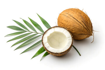 coconut on and a green leaf isolated on plain white background