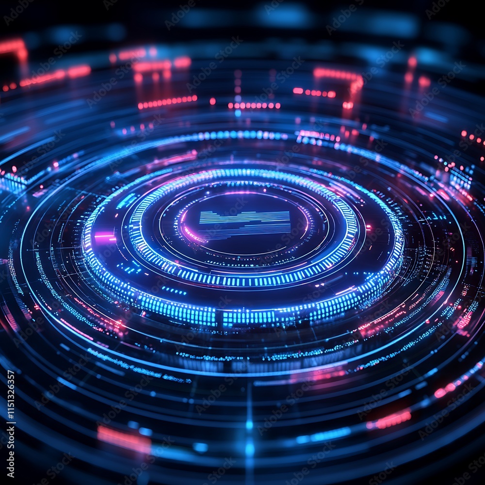 Poster futuristic digital interface with circular patterns and data visualization elements in blue and red 