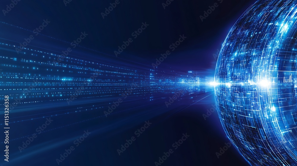 Poster futuristic digital interface with binary data flow and glowing sphere on dark background