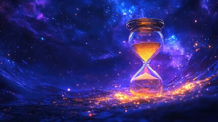 Glowing hourglass set against a dark, starry background, evoking a sense of mystery.