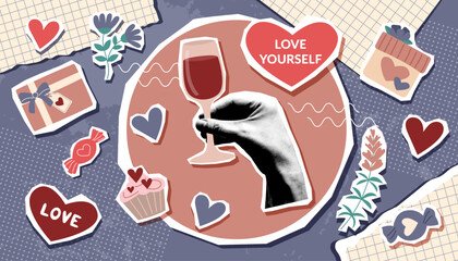 Valentines day collage banner with human hand holding wineglasses and Valentine objects in pop art style. A celebration with yourself. Valentines trendy background.