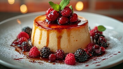 Gourmet dessert artfully presented on a fine plate, surrounded by fresh berries and a drizzle of sauce, highlighting culinary excellence.
