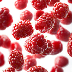 Falling raspberry isolated on white background