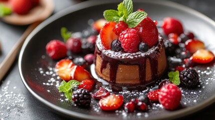 Gourmet dessert artfully presented on a fine plate, surrounded by fresh berries and a drizzle of sauce, highlighting culinary excellence.