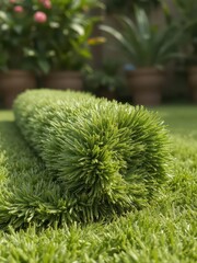 Close-up of lush green turf rolls being unrolled in a garden, grass,background,environment