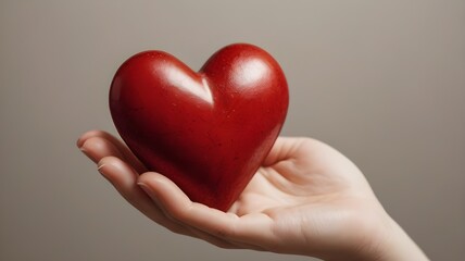 Fototapeta premium Red Heart in a Girl’s Hand as a Symbol of Love, Care, and Heart Health Awareness on Valentine’s Day.
