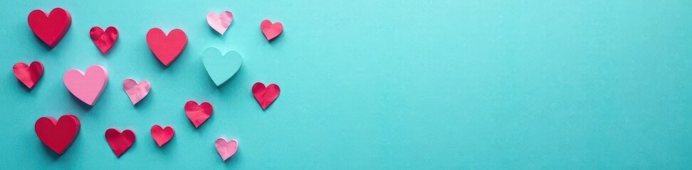 Obraz premium Colorful conversation hearts scattered on turquoise blue background , blue background, sweets
