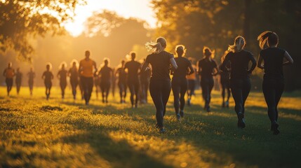 Fototapeta premium Group training session under soft sunlight, showcasing unity and teamwork.