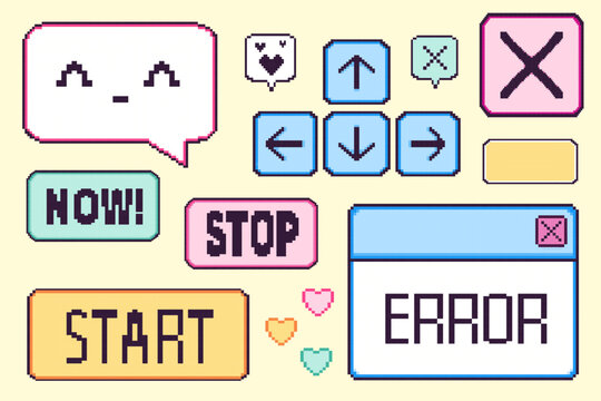 Pixel game interface elements set - navigation arrows, start buttons, error message, speech bubble with kawaii face, pixel hearts and control panels. Retro 90s gaming design and 8-bit projects.