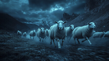 running sheep during midnight in a mountain with a eye-level angle 