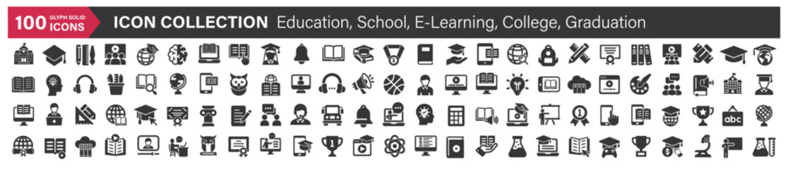 Big icons collection. Containing Education, School, E-Learning, College, Graduation. Glyph solid style series icon