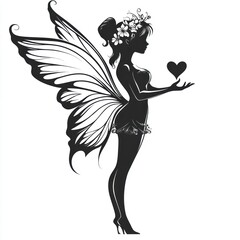 Silhouette of a fairy holding a heart. (2)