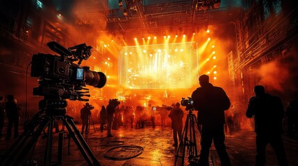 Fototapeta premium ilhouette of a glamorous film set with bright lights and cameras in action.