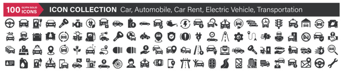 Big icons collection. Containing Car, Automobile, Car Rent, Electric Vehicle, Transportation. Glyph solid style series icon