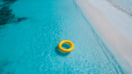 Obraz premium Yellow inflatable ring floating on clear turquoise beach water